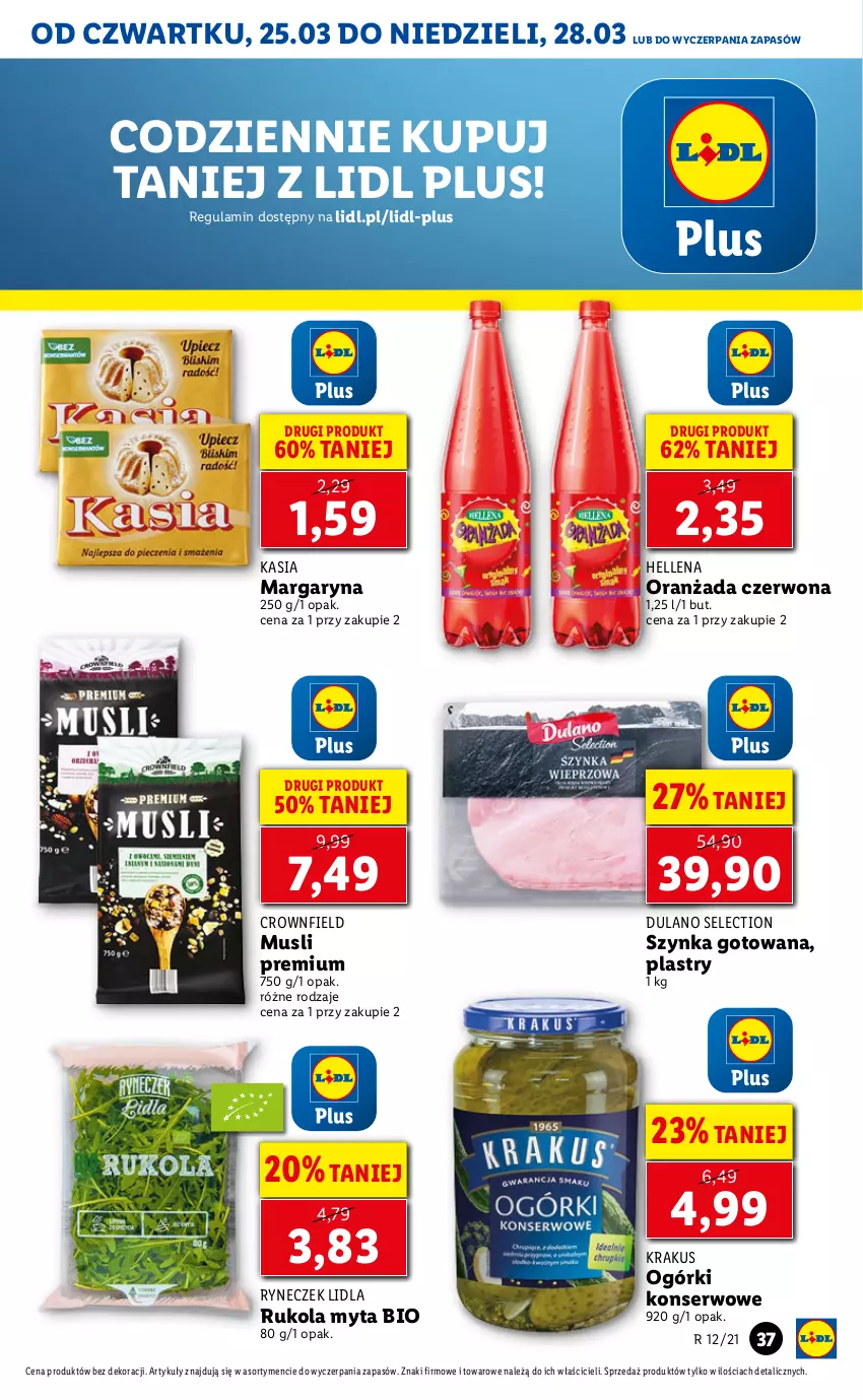 Gazetka promocyjna Lidl - GAZETKA - ważna 25.03 do 28.03.2021 - strona 37 - produkty: Dulano, Hellena, Kasia, Krakus, Margaryna, Mus, Ogórki konserwowe, Oranżada, Rukola, Ser, Szynka