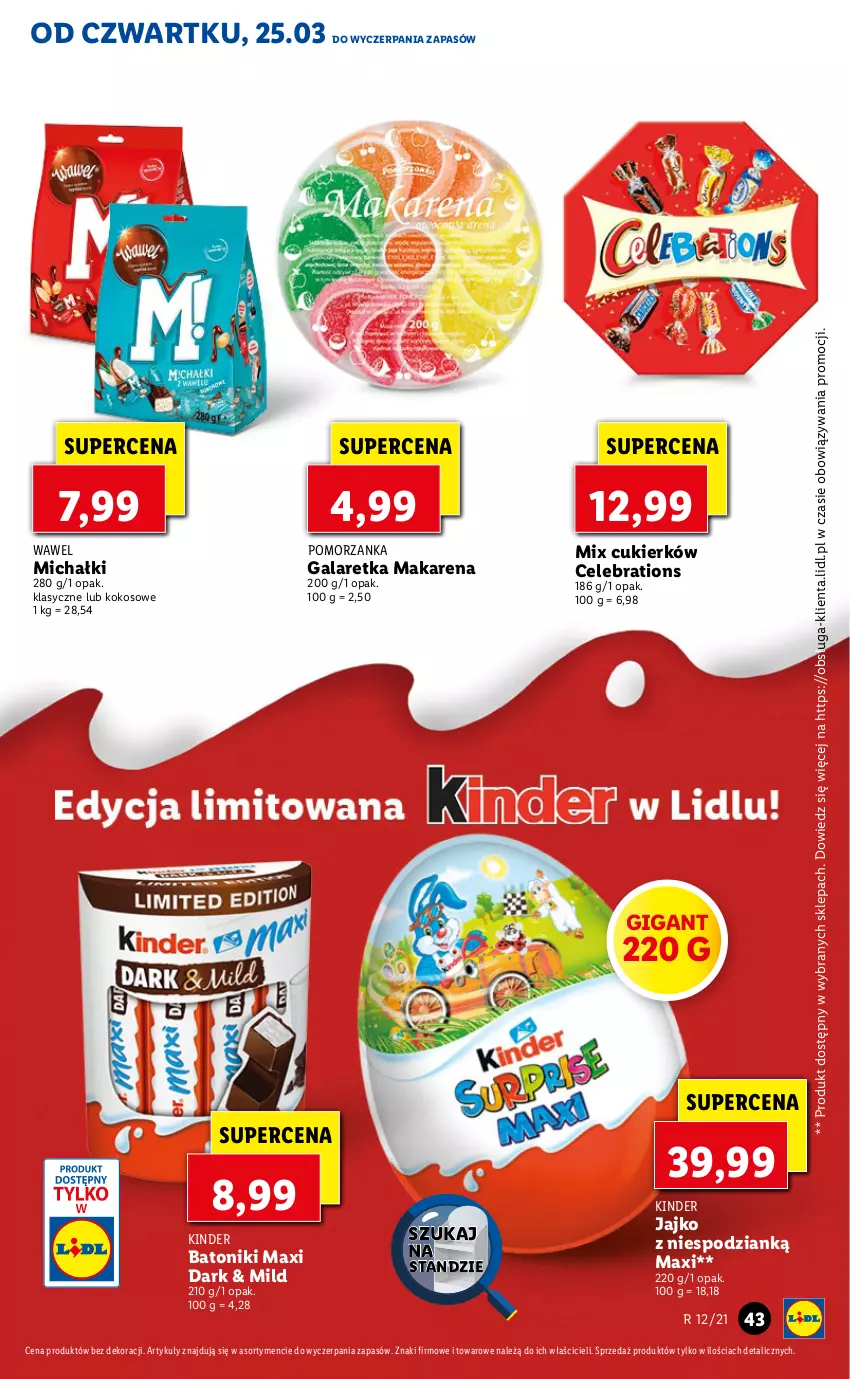 Gazetka promocyjna Lidl - GAZETKA - ważna 25.03 do 28.03.2021 - strona 43 - produkty: Baton, Cukier, Gala, Galaretka, Kinder, Kokos, Michałki, Tonik, Wawel