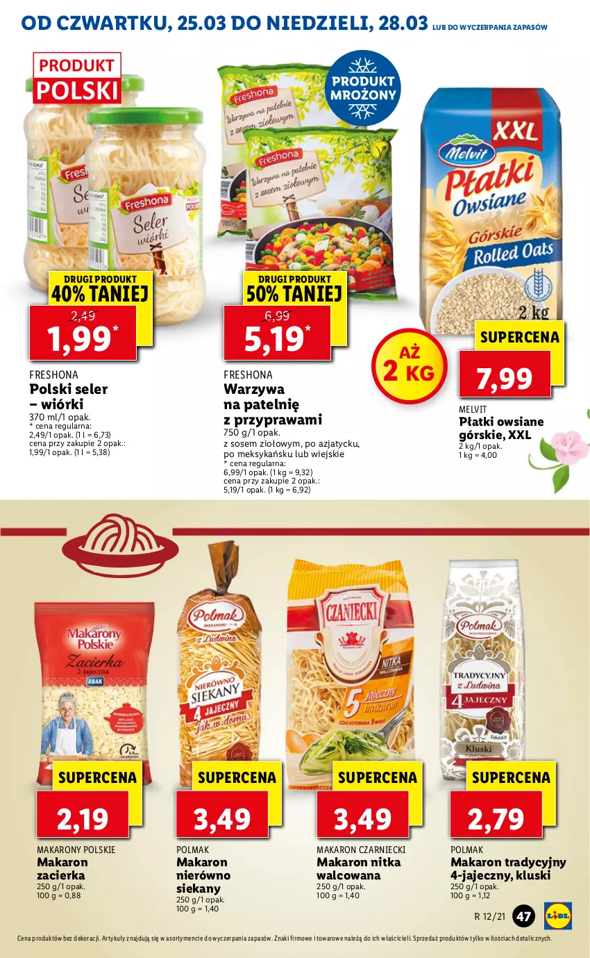 Gazetka promocyjna Lidl - GAZETKA - ważna 25.03 do 28.03.2021 - strona 47 - produkty: Makaron, Melvit, Olma, Płatki owsiane, Sos, Warzywa, Zacierka