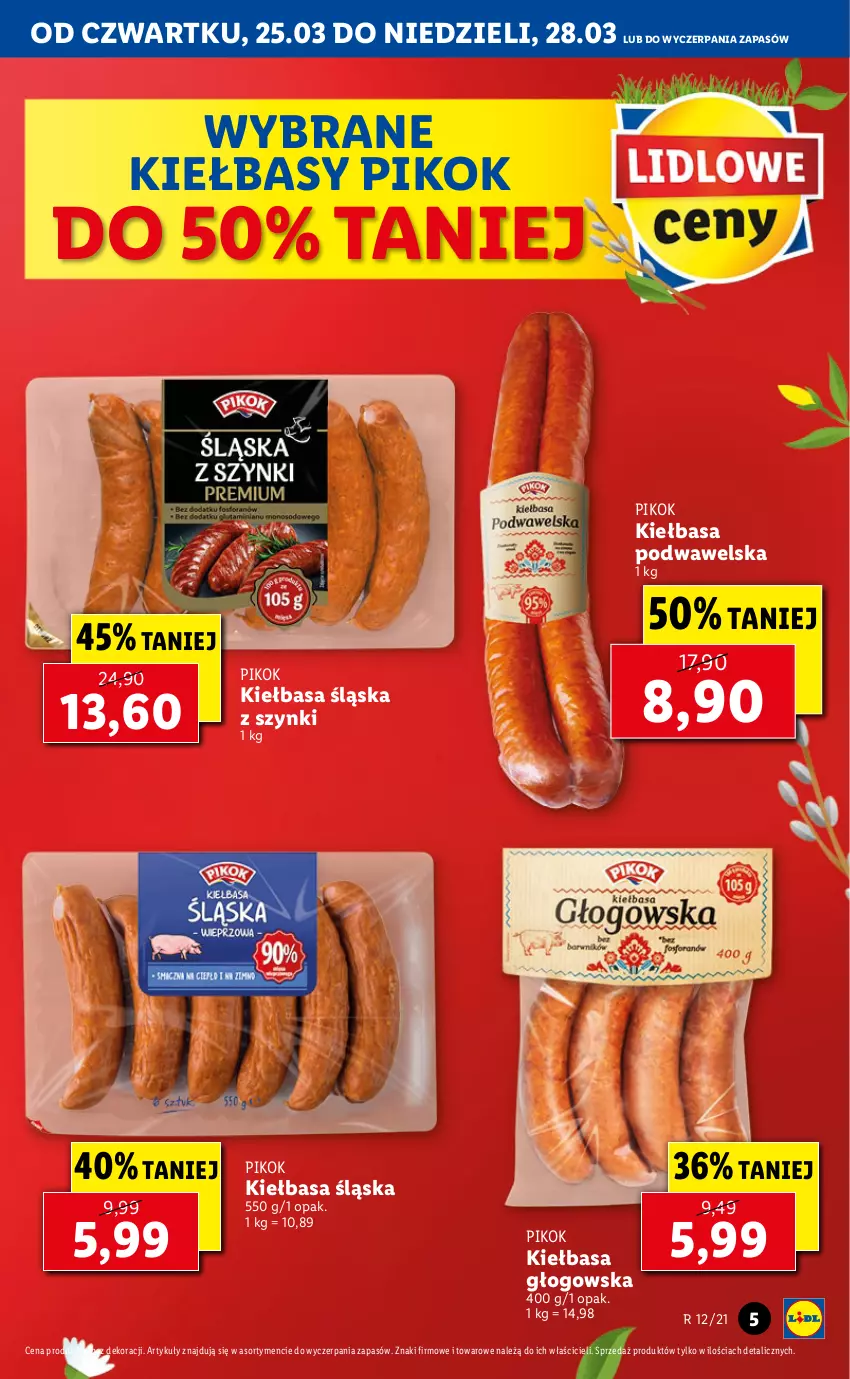 Gazetka promocyjna Lidl - GAZETKA - ważna 25.03 do 28.03.2021 - strona 5 - produkty: Kiełbasa, Kiełbasa głogowska, Kiełbasa podwawelska, Kiełbasa śląska, PIKOK, Wawel