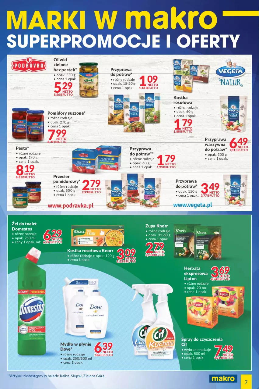 Gazetka promocyjna Makro - [Oferta specjalna] Marki w MAKRO - ważna 30.11 do 13.12.2021 - strona 7 - produkty: Cif, Domestos, Dove, Herbata, Knorr, Lipton, Mydło, Mydło w płynie, Oliwki, Oliwki zielone, Pesto, Pomidory, Przyprawa do potraw, Przyprawa warzywna do potraw, Spray do czyszczenia, Stek, Zupa