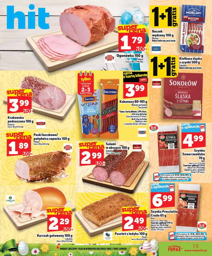 Gazetka promocyjna Topaz - Gazetka - ważna 02.04 do 08.04.2026 - strona 13 - produkty: Boczek, Kabanos, Kiełbasa, Kiełbasa śląska, Kurczak, Kurczak gotowany, Ogonówka, Pekpol, Szynka, Tarczyński