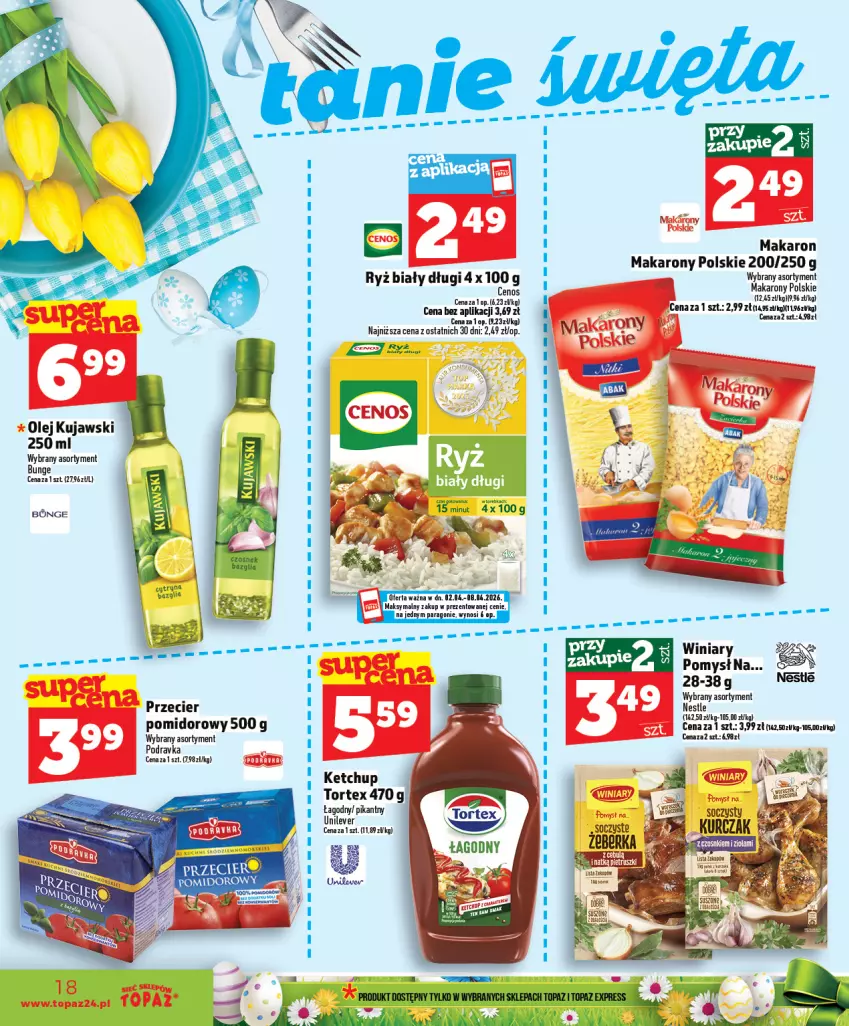 Gazetka promocyjna Topaz - Gazetka - ważna 02.04 do 08.04.2026 - strona 18 - produkty: Bazyl, Bazylia, Kujawski, Makaron, Olej, Podravka, Ryż, Ryż biały, Winiary