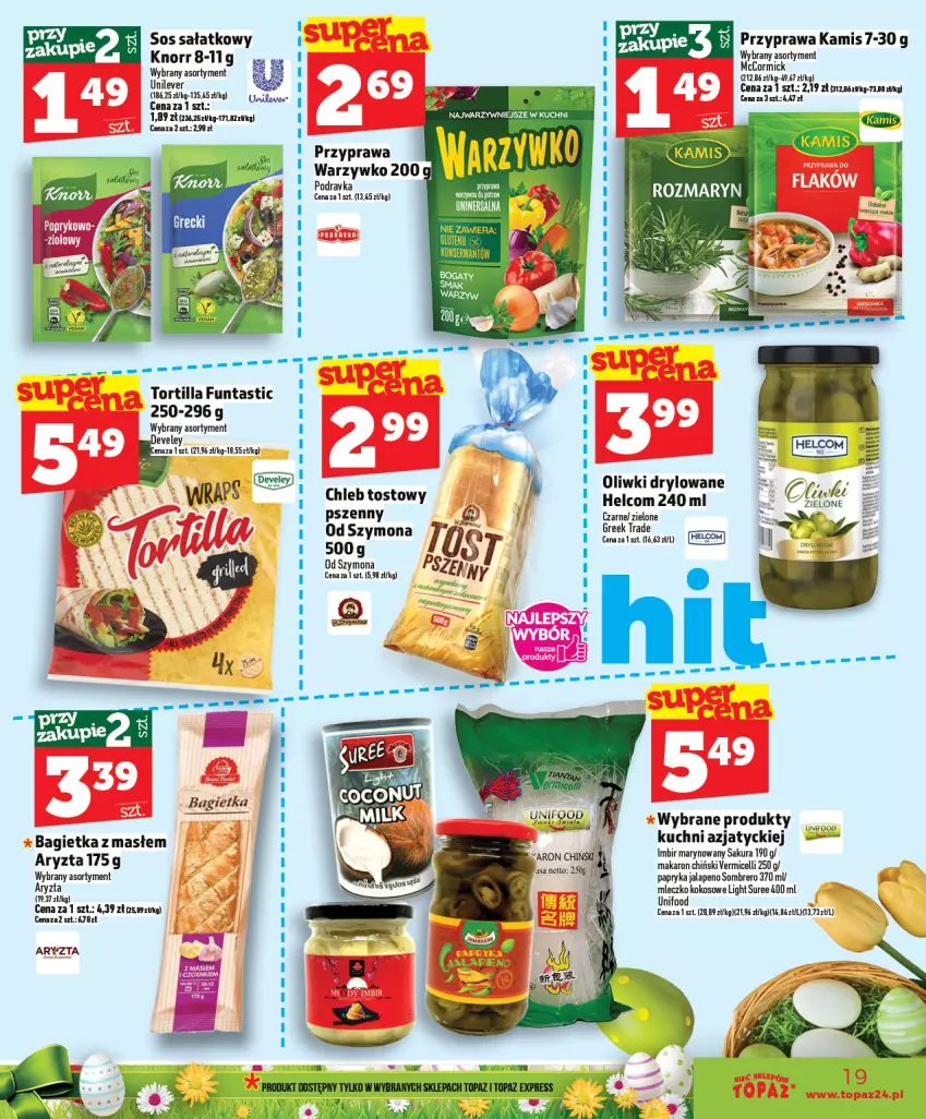Gazetka promocyjna Topaz - Gazetka - ważna 02.04 do 08.04.2026 - strona 19 - produkty: Bagietka, HELCOM, Imbir, Kamis, Knorr, Kokos, Makaron, Mleczko, Oliwki, Papryka, Podravka, Sałat, Ser, Sos, Tortilla