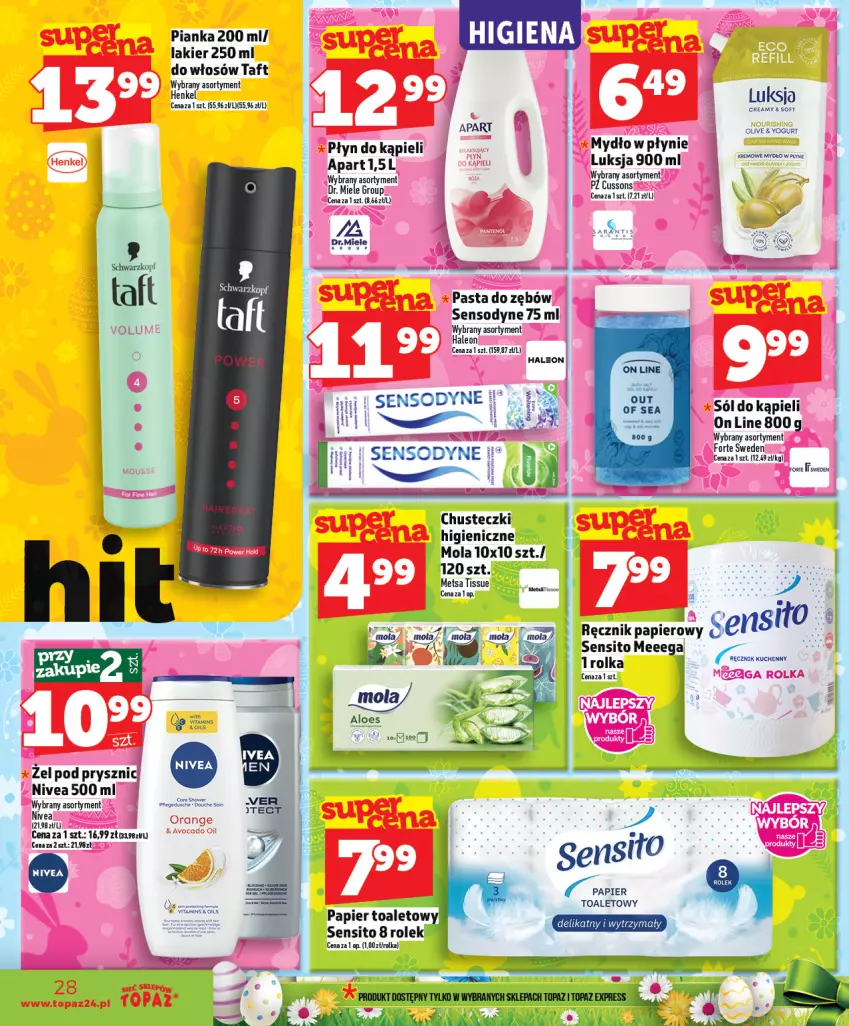 Gazetka promocyjna Topaz - Gazetka - ważna 02.04 do 08.04.2026 - strona 28 - produkty: Chusteczki, Lakier, Leon, Luksja, Mola, Mydło, Nivea, Papier, Pasta do zębów, Płyn do kąpieli, Ręcznik, Sensodyne, Sito, Sól, Taft