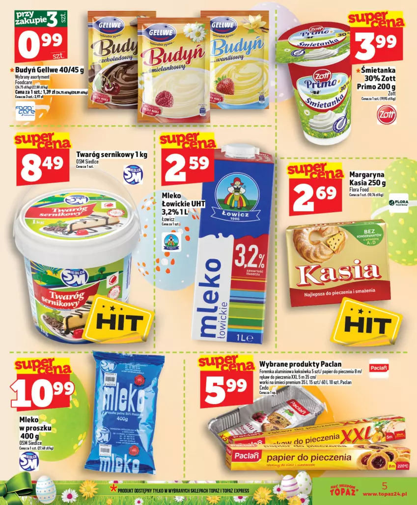 Gazetka promocyjna Topaz - Gazetka - ważna 02.04 do 08.04.2026 - strona 5 - produkty: Budyń, Flora, Kasia, Keksówka, LG, Margaryna, Mleko, Papier, Papier do pieczenia, Piec, Rękaw do pieczenia, Ser, Twaróg, Worki na śmiec, Worki na śmieci, Zott