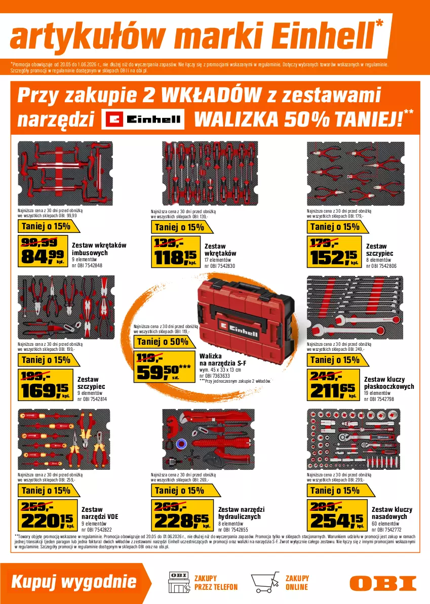 Gazetka promocyjna Obi - Gazetka OBI - ważna 20.05 do 01.06.2026 - strona 13 - produkty: Akumulator, Einhell, Fa, Kasza, Kosiarka, Kosz, Piec, Przecinarka, Przecinarka do drewna, Rama, Telefon, Teleskop, Tran, Walizka, Warka, Wkręt, Zestaw kluczy, Zestaw kluczy nasadowych, Zestaw kluczy płaskooczkowych, Zestaw narzędzi, Zestaw wkrętaków