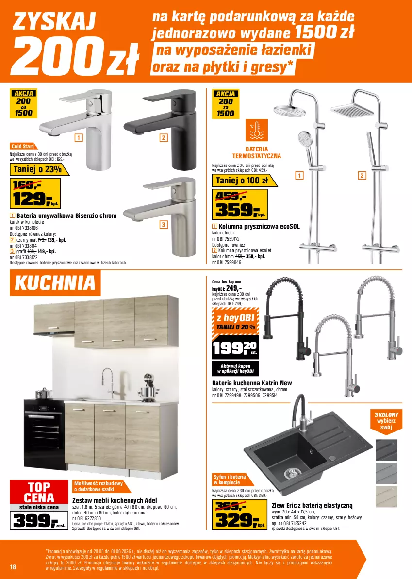 Gazetka promocyjna Obi - Gazetka OBI - ważna 20.05 do 01.06.2026 - strona 18 - produkty: Bateria, Bateria kuchenna, Bateria umywalkowa, Gra, Gres, Kuchnia, Okap, Roleta, Silan, Sok, Syfon, Szafka, Termos, Top, Zestaw mebli kuchennych, Zlew