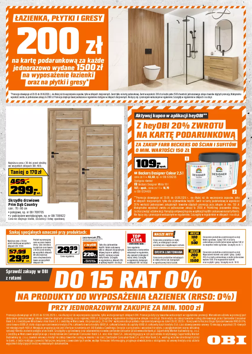 Gazetka promocyjna Obi - Gazetka OBI - ważna 20.05 do 01.06.2026 - strona 20 - produkty: Beckers, Designer Colour, Drzwi, Fa, Gra, Gres, Hobby, Kosz, Meble, Mięta, Skrzydło drzwiowe, Sok, Sprzedawcy, Top