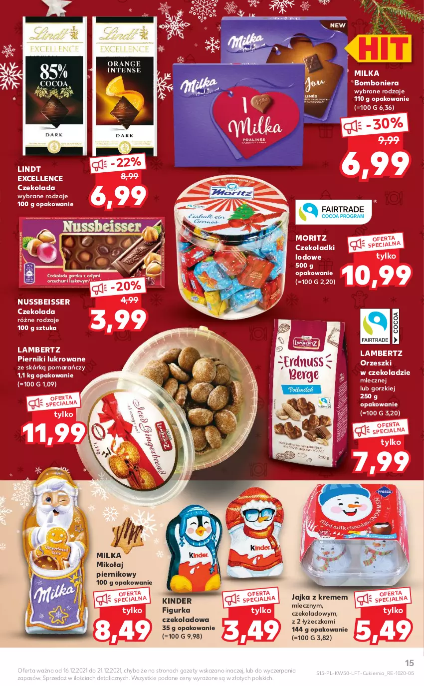 Gazetka promocyjna Kaufland - OFERTA TYGODNIA - ważna 16.12 do 21.12.2021 - strona 15 - produkty: Bomboniera, Cukier, Czekolada, Kinder, Lindt, Milka, Orzeszki, Piernik, Ser