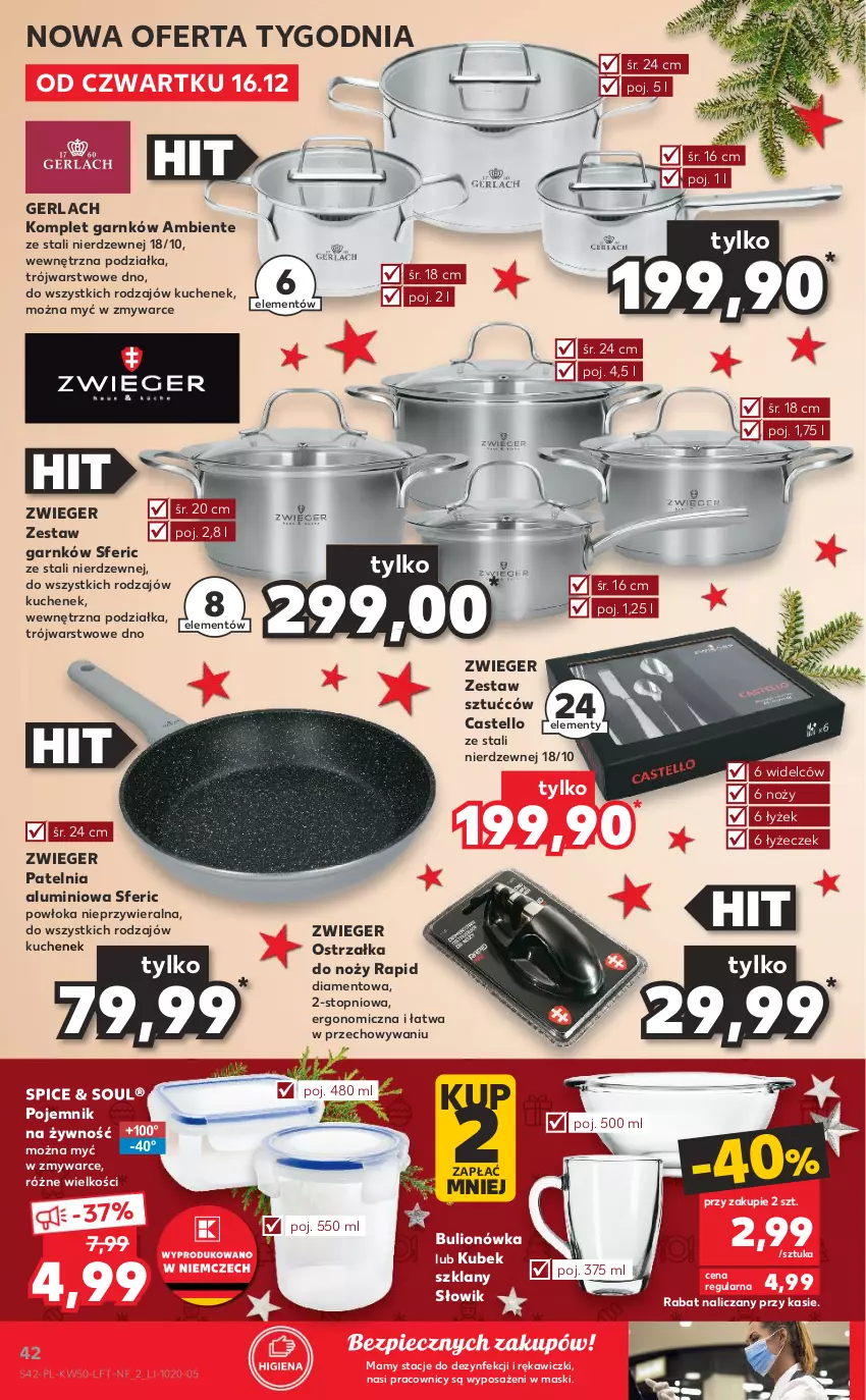 Gazetka promocyjna Kaufland - OFERTA TYGODNIA - ważna 16.12 do 21.12.2021 - strona 42 - produkty: Bulion, Kubek, Lion, Noż, Ostrzałka do noży, Patelnia, Piec, Pojemnik, Top, Zestaw sztućców