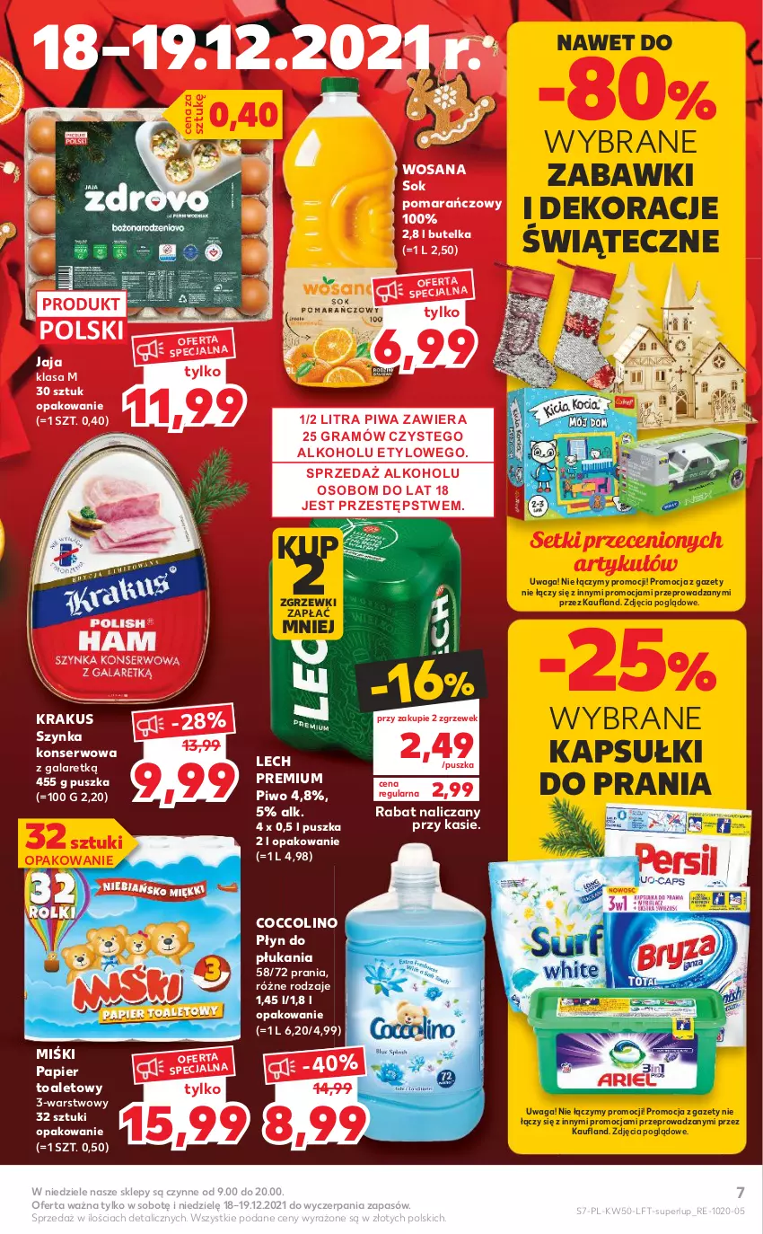 Gazetka promocyjna Kaufland - OFERTA TYGODNIA - ważna 16.12 do 21.12.2021 - strona 7 - produkty: Coccolino, Gala, Gra, Jaja, Kapsułki do prania, Krakus, Lech Premium, Papier, Papier toaletowy, Piwa, Piwo, Płyn do płukania, Ser, Sok, Sok pomarańczowy, Szynka, Szynka konserwowa, Waga, Wosana