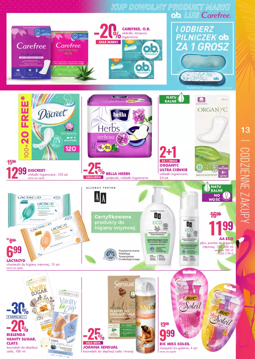 Gazetka promocyjna Super Pharm - Gazetka - ważna 14.06 do 30.06.2021 - strona 13 - produkty: Bell, Bella, BIC, Bielenda, Carefree, Chusteczki, Chusteczki do higieny, Discreet, Joanna, Lactacyd, O.B., Podpaski, Sensual, Ser, Tampony, Wkładki