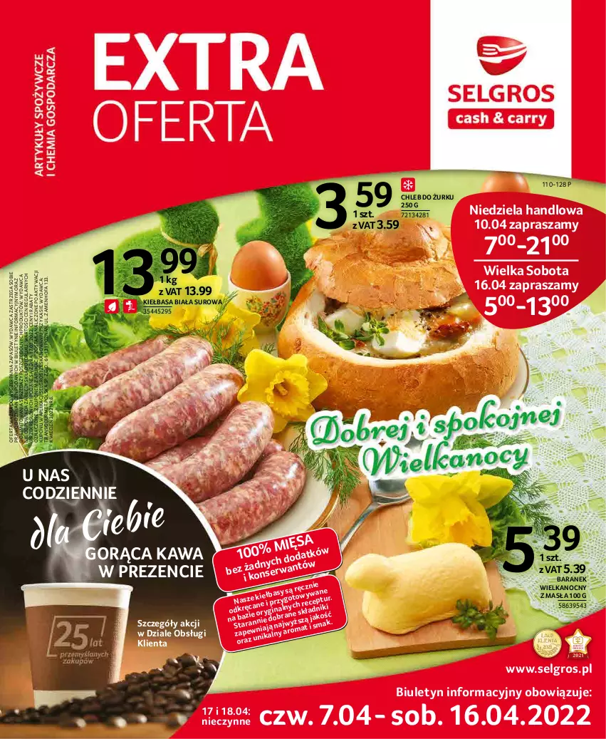 Gazetka promocyjna Selgros - Extra Oferta - ważna 01.04 do 30.04.2022 - strona 1 - produkty: Chleb, Cień, Fa, Gin, Kawa, Kiełbasa, Kiełbasa biała, LG, Ser, Tran