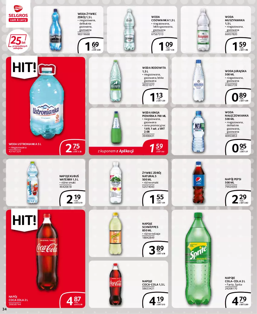 Gazetka promocyjna Selgros - Extra Oferta - ważna 01.04 do 30.04.2022 - strona 34 - produkty: Cisowianka, Coca-Cola, Fa, Fanta, Kubuś, Kubuś Waterrr, Mus, Muszynianka, Nałęczowianka, Napój, Napoje, Pepsi, Schweppes, Sprite, Woda