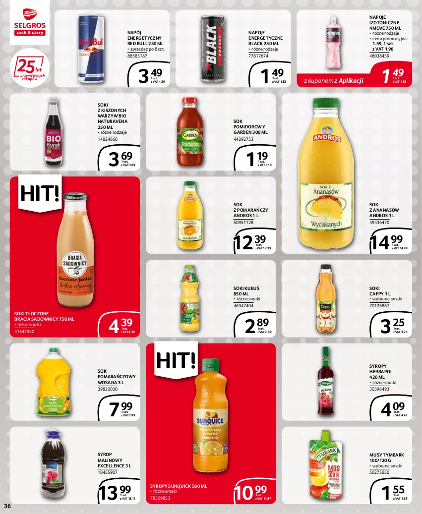 Gazetka promocyjna Selgros - Extra Oferta - ważna 01.04 do 30.04.2022 - strona 36 - produkty: Ananas, Cappy, Herbapol, Kubuś, Lack, Mus, Napój, Napój energetyczny, Napoje, Red Bull, Sok, Sok pomarańczowy, Sok pomidorowy, Syrop, Syropy, Tymbark, Wosana