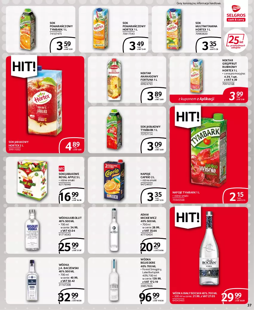 Gazetka promocyjna Selgros - Extra Oferta - ważna 01.04 do 30.04.2022 - strona 37 - produkty: Absolut, Ananas, Biały Bocian, Fortuna, Grejpfrut, Hortex, Napoje, Nektar, Rubin, Sok, Sok jabłkowy, Sok pomarańczowy, Tymbark, Wódka