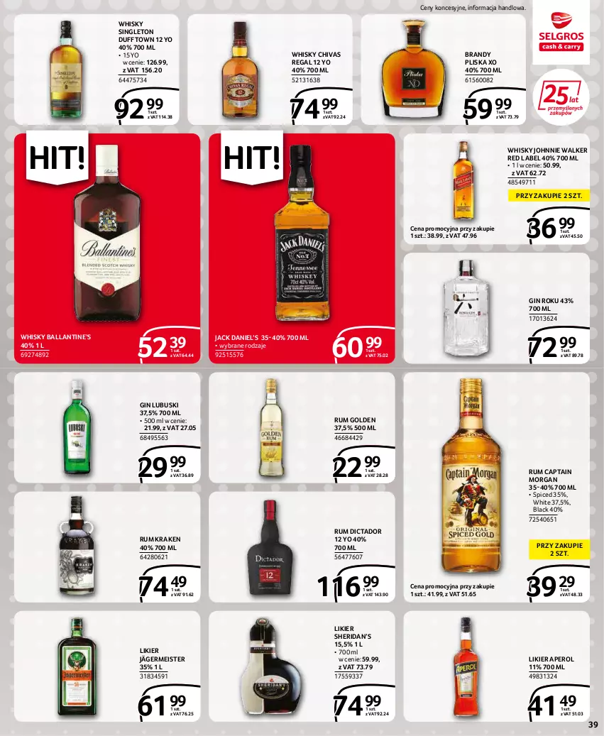 Gazetka promocyjna Selgros - Extra Oferta - ważna 01.04 do 30.04.2022 - strona 39 - produkty: Aperol, Brandy, Captain Morgan, Gin, Johnnie Walker, Lack, Likier, Pliska, Rum, Whisky