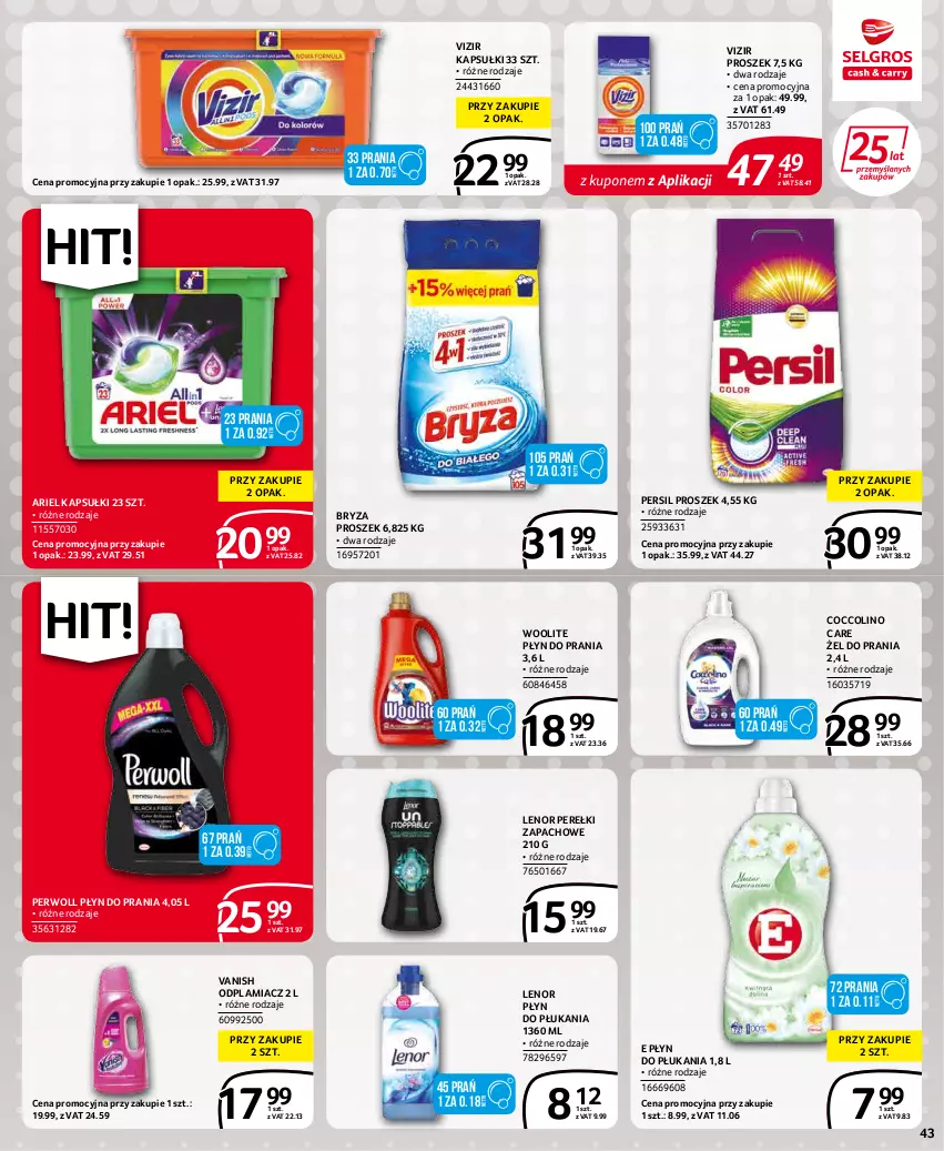 Gazetka promocyjna Selgros - Extra Oferta - ważna 01.04 do 30.04.2022 - strona 43 - produkty: Ariel, Bryza, Coccolino, Lenor, Odplamiacz, Perełki zapachowe, Persil, Perwoll, Płyn do płukania, Płyn do prania, Vanish, Vizir, Woolite