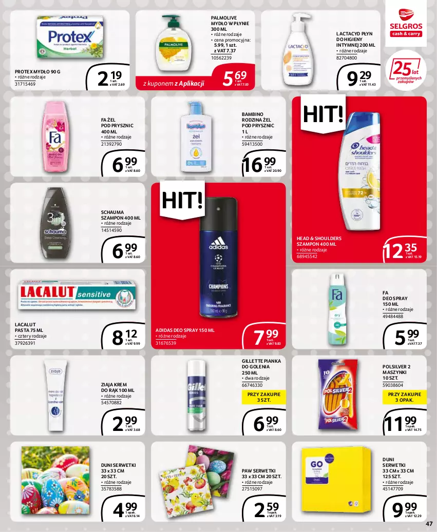 Gazetka promocyjna Selgros - Extra Oferta - ważna 01.04 do 30.04.2022 - strona 47 - produkty: Adidas, Fa, Gillette, Krem do rąk, Lacalut, Lactacyd, Mydło, Mydło w płynie, Palmolive, Pianka do golenia, Płyn do higieny intymnej, Schauma, Ser, Serwetki, Szampon, Ziaja