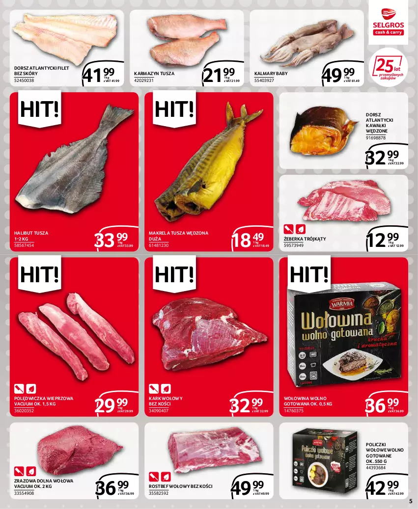 Gazetka promocyjna Selgros - Extra Oferta - ważna 01.04 do 30.04.2022 - strona 5 - produkty: Dorsz, Halibut, Kalmar, Kalmary, Kark wołowy, Karmazyn tusza, Kawa, Polędwiczka wieprzowa, Policzki wołowe, Rostbef, Tusz, Wołowina