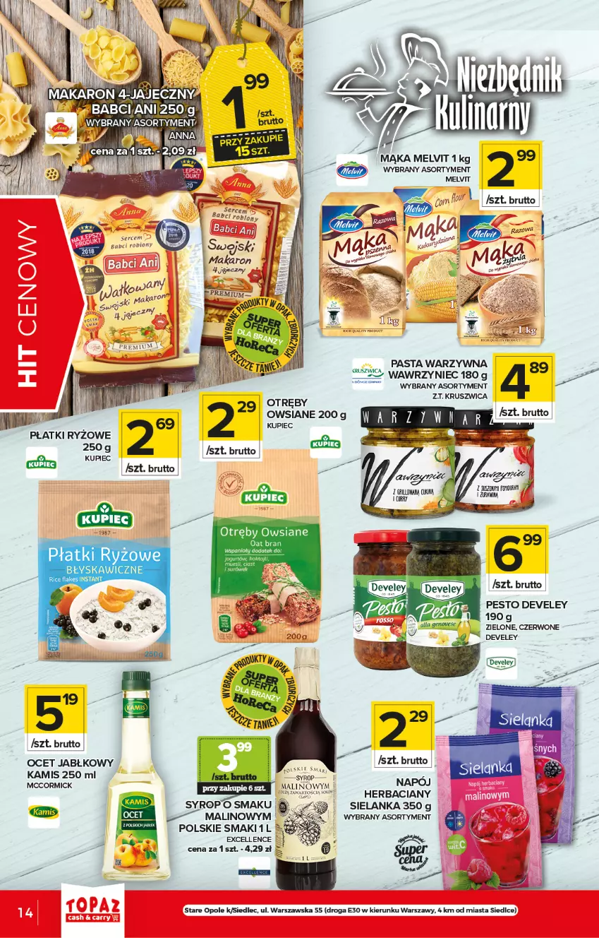 Gazetka promocyjna Topaz - Gazetka - ważna 10.06 do 16.06.2021 - strona 14 - produkty: Kamis, Kupiec, Mąka, Melvit, Ocet, Pasta warzywna, Pesto, Piec, Płatki ryżowe, Ryż, Ser, Syrop