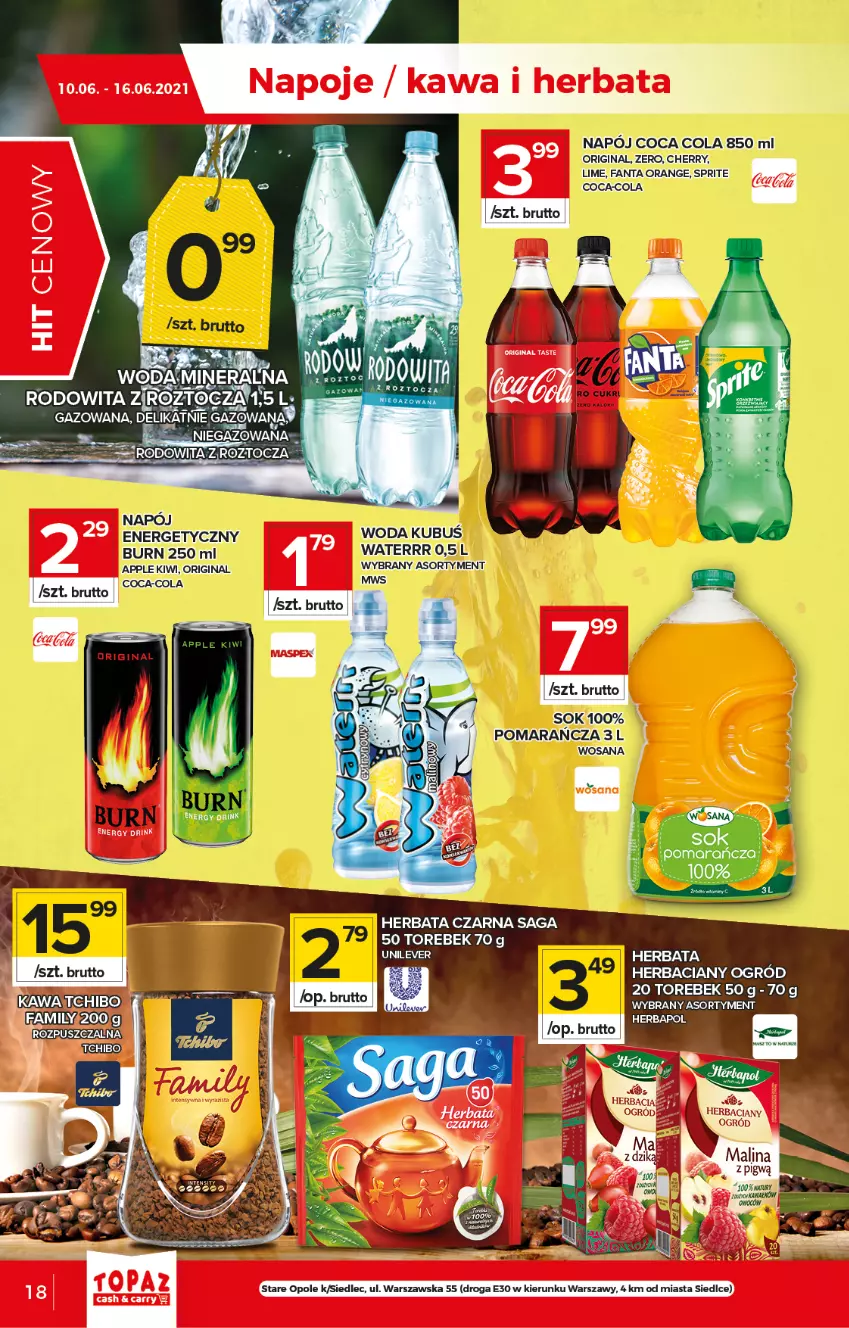 Gazetka promocyjna Topaz - Gazetka - ważna 10.06 do 16.06.2021 - strona 18 - produkty: Coca-Cola, Fa, Fanta, Herbapol, Herbata, Herbata czarna, K2, Kawa, Napój, Ogród, Saga, Sok, Sprite, Tchibo