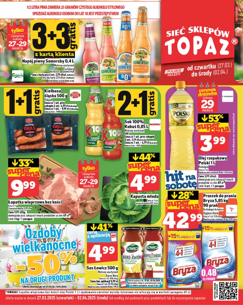 Gazetka promocyjna Topaz - Gazetka - ważna 27.03 do 02.04.2025 - strona 1 - produkty: Bryza, Carlsberg, Gra, Napój, Olej, Olej rzepakowy, Proszek do prania, Somersby, Sos, Waga