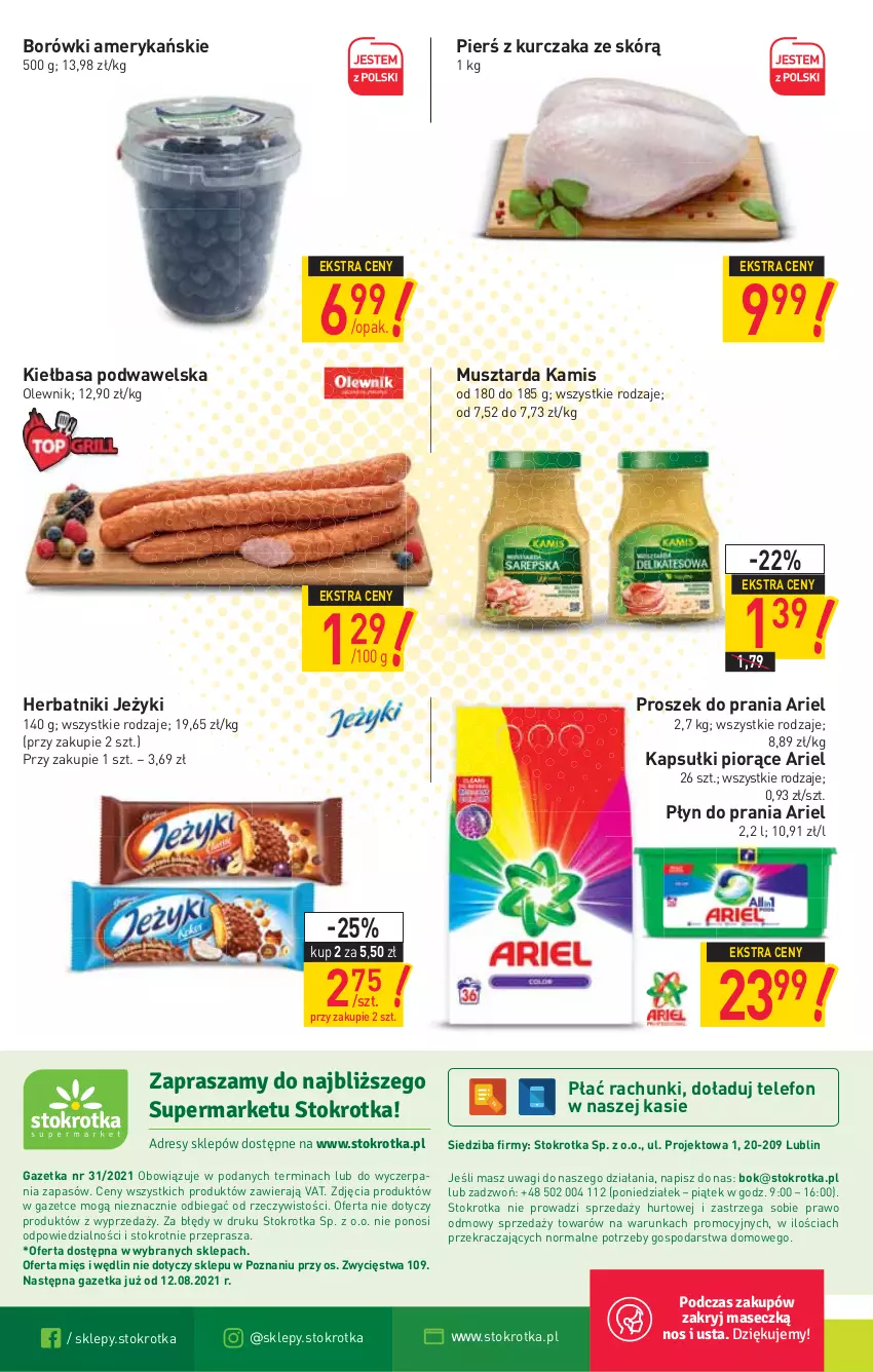 Gazetka promocyjna Stokrotka - Supermarket - ważna 05.08 do 11.08.2021 - strona 20 - produkty: Ariel, Herbatniki, Jeżyki, Kamis, Kiełbasa, Kiełbasa podwawelska, Kurczak, Mus, Musztarda, O nas, Olewnik, Płyn do prania, Proszek do prania, Telefon, Wagi, Wawel