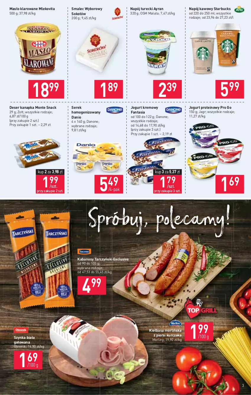 Gazetka promocyjna Stokrotka - Supermarket - ważna 05.08 do 11.08.2021 - strona 3 - produkty: Danio, Danone, Deser, Fa, Fanta, Jagr, Jogurt, Kabanos, Kiełbasa, Kurczak, Masło, Masło klarowane, Mleko, Mlekovita, Monte, Morliny, Napój, Olewnik, Ser, Serek, Serek homogenizowany, Smalec, Sok, Sokołów, Szynka, Szynka biała, Tarczyński, Zott