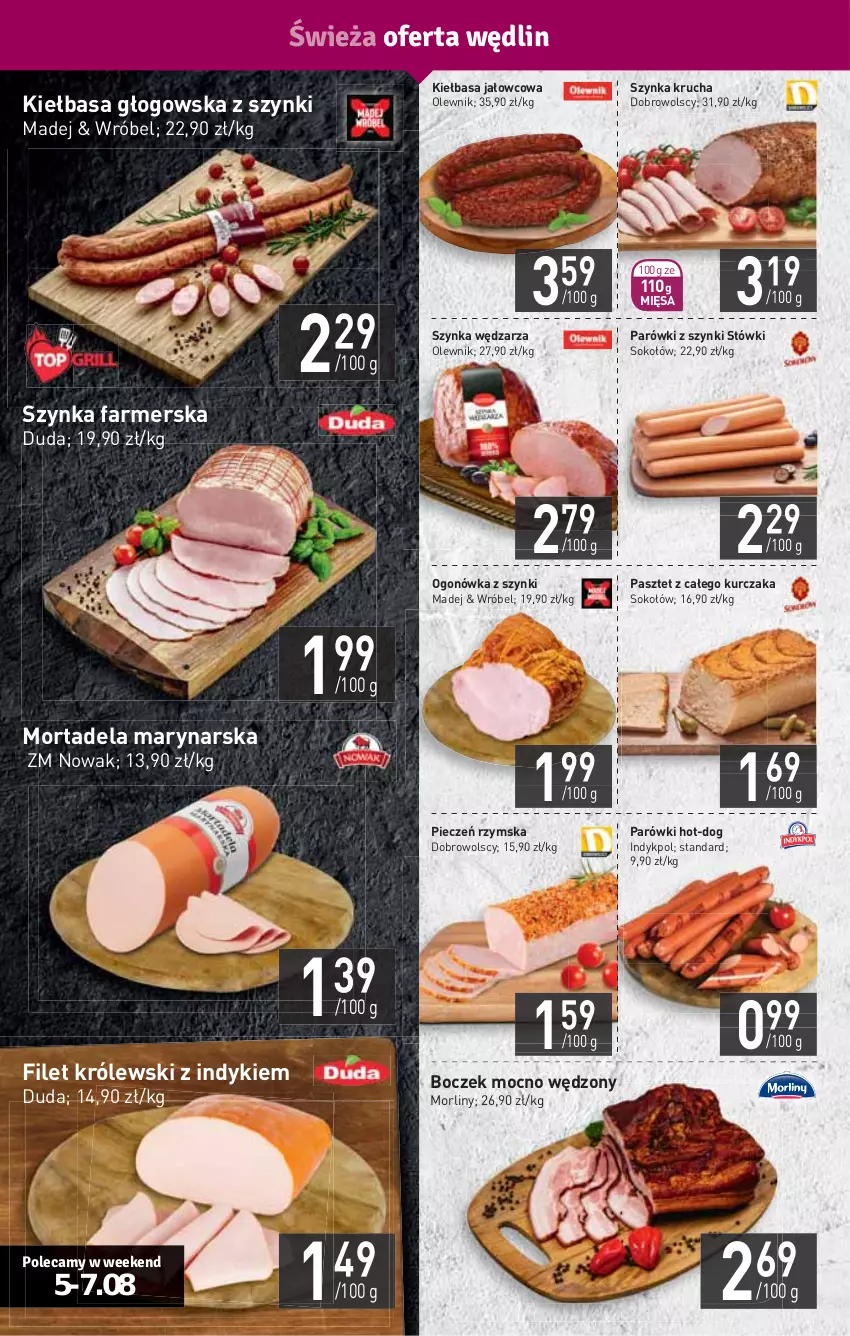 Gazetka promocyjna Stokrotka - Supermarket - ważna 05.08 do 11.08.2021 - strona 4 - produkty: Boczek, Duda, Fa, HP, Kiełbasa, Kiełbasa głogowska, Królewski, Kurczak, Morliny, NOWAK, Ogonówka, Olewnik, Parówki, Parówki z szynki, Pasztet, Piec, Pieczeń rzymska, Sok, Sokołów, Szynka, Szynka farmerska