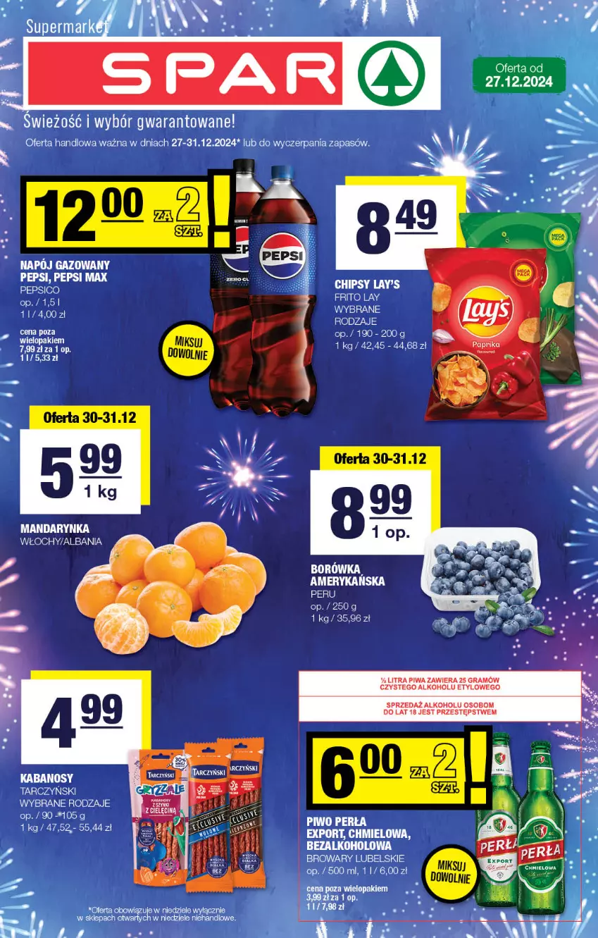 Gazetka promocyjna Spar - Spar - ważna 27.12.2024 do 06.01.2025 - strona 1 - produkty: Chipsy, Gra, Napój, Napój gazowany, Pepsi, Pepsi max, Perła, Piwa, Piwo, Por, Tarczyński