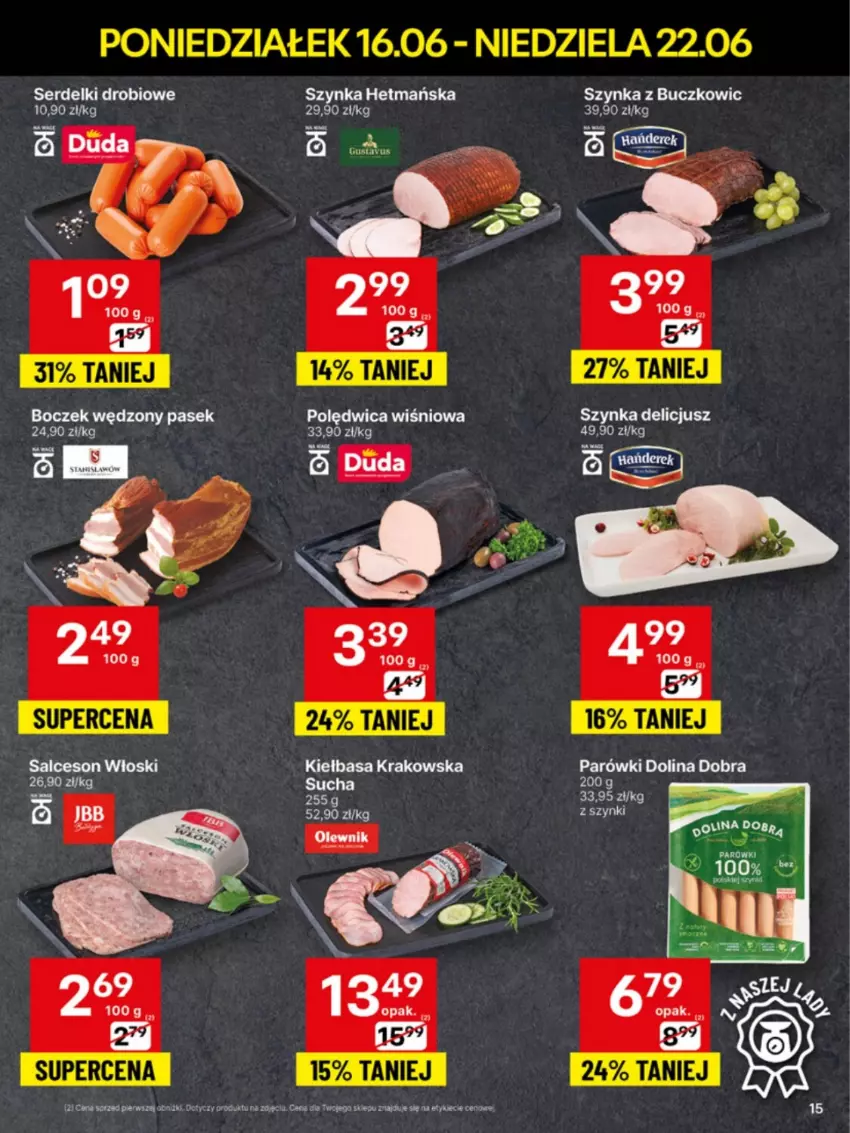 Gazetka promocyjna Delikatesy Centrum - Franczyza DC25 Poniedziałek - ważna 16.06 do 22.06.2025 - strona 15 - produkty: Kiełbasa, Kiełbasa krakowska, Parówki, Polędwica, Salceson, Ser, Serdelki, Szynka