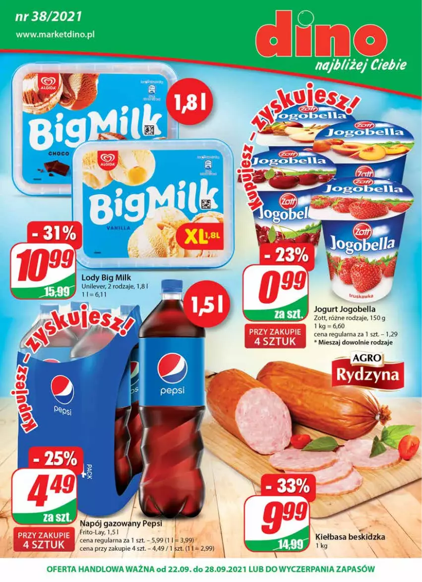 Gazetka promocyjna Dino - Gazetka - ważna 22.09 do 28.09.2021 - strona 1 - produkty: Bell, Bella, Big Milk, Jogobella, Jogurt, Kiełbasa, Lody, Napój, Napój gazowany, Pepsi, Zott