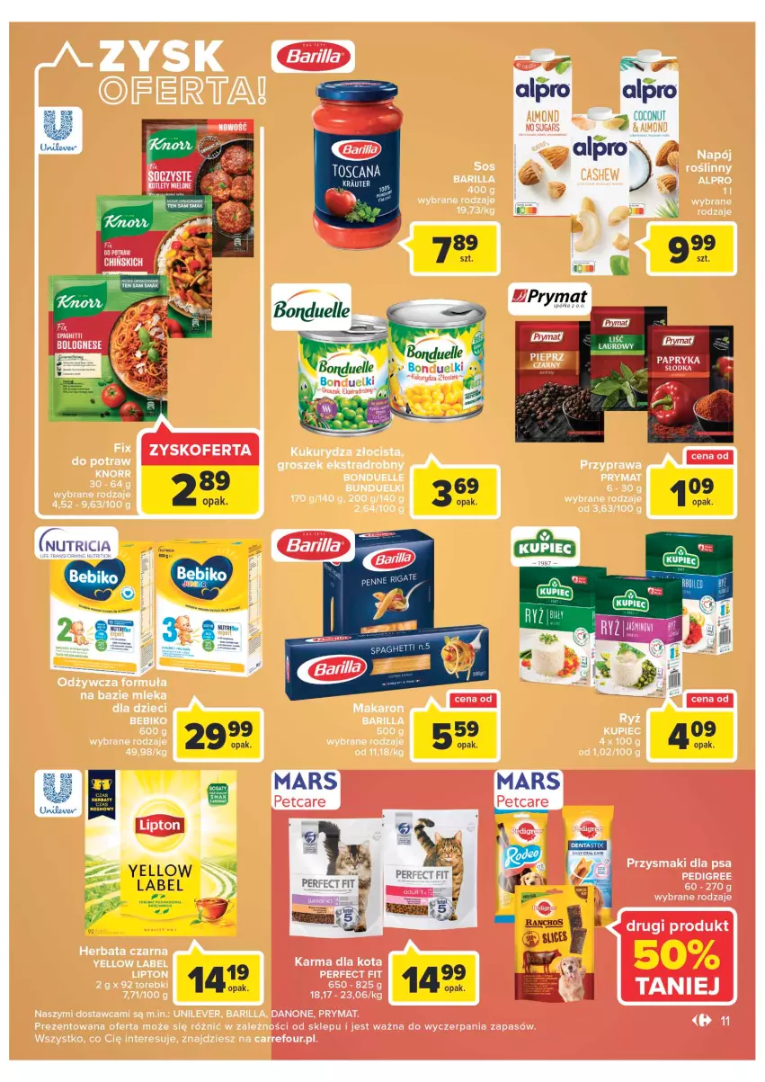 Gazetka promocyjna Carrefour - Gazetka Market - ważna 27.09 do 01.10.2022 - strona 11 - produkty: Alpro, Barilla, Bebiko, Bonduelle, Danone, Dzieci, Groszek, Herbata, Herbata czarna, Knorr, Kukurydza, Makaron, Napój, Pedigree, Prymat, Przysmaki, Spaghetti