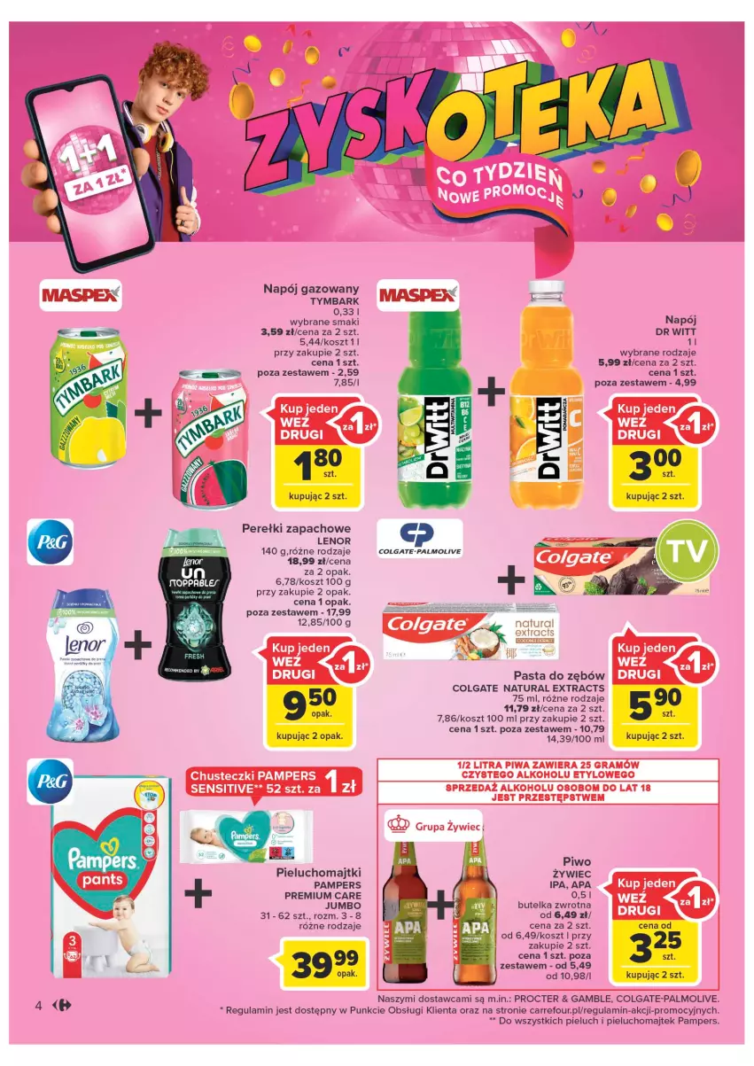 Gazetka promocyjna Carrefour - Gazetka Market - ważna 27.09 do 01.10.2022 - strona 4 - produkty: Colgate, Gra, Kosz, Lenor, LG, Majtki, Napój, Napój gazowany, Palmolive, Pampers, Pasta do zębów, Perełki zapachowe, Pieluchomajtki, Piwa, Piwo, Tymbark