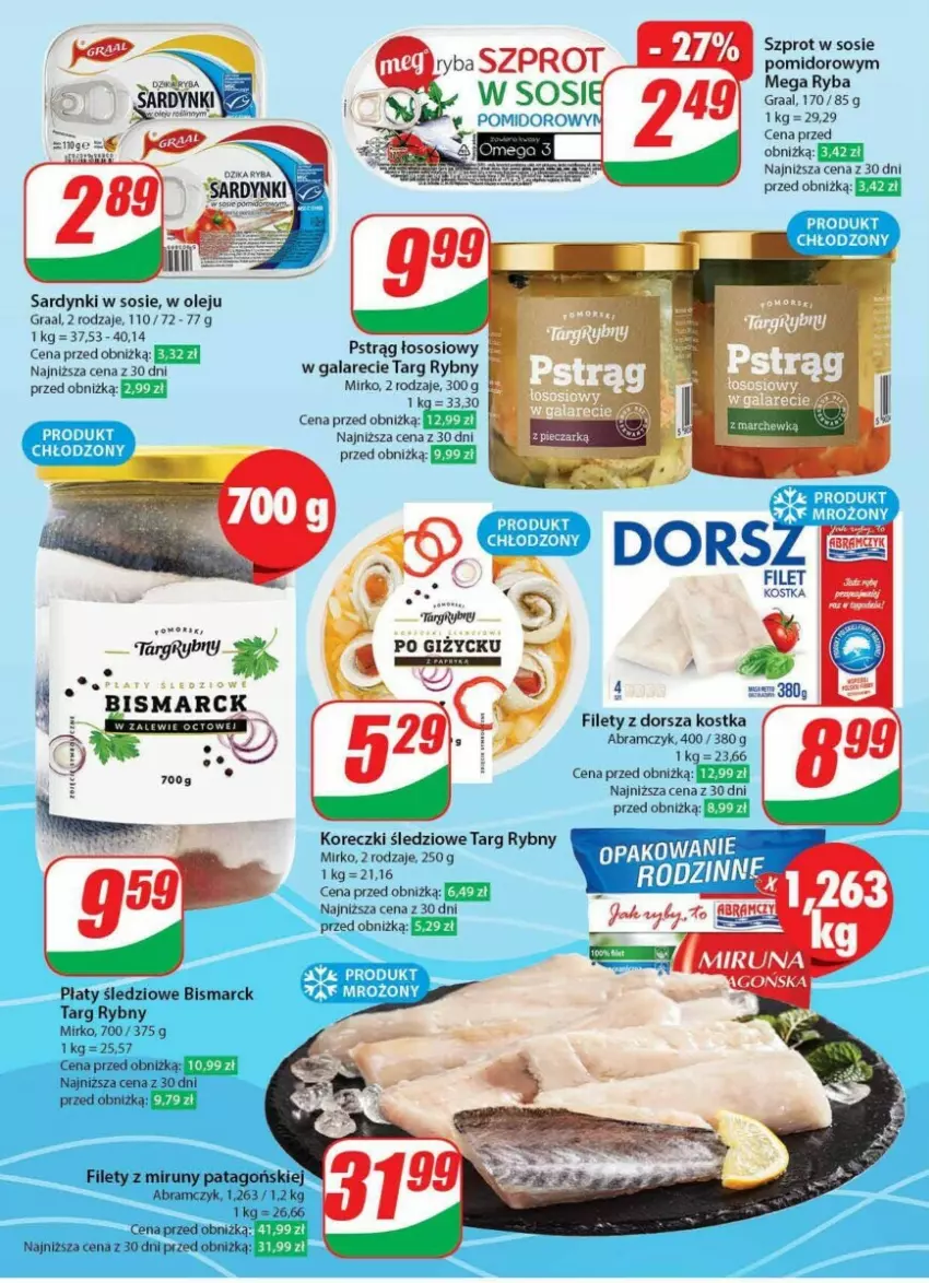 Gazetka promocyjna Dino - ważna 24.01 do 30.01.2024 - strona 14 - produkty: Dorsz, Gala, Gra, Graal, Koreczki śledziowe, Olej, Płaty śledziowe, Pstrąg, Pstrąg łososiowy, Ryba, Sardynki, Sos, Szprot, Tago