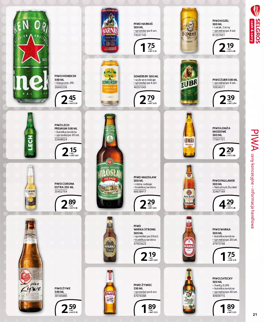 Gazetka promocyjna Selgros - Extra Oferta - ważna 01.02 do 28.02.2021 - strona 21 - produkty: Corona Extra, Harnaś, Heineken, Kozel, Lech Premium, Piwa, Piwo, Somersby, Warka