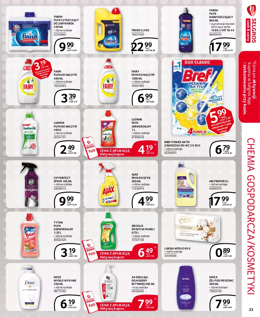 Gazetka promocyjna Selgros - Extra Oferta - ważna 01.02 do 28.02.2021 - strona 23 - produkty: Ajax, Bref, Cif, Dove, Emulsja, Fa, Fairy, Finish, LG, Ludwik, Luksja, Mydło, Mydło w płynie, Nivea, Płyn do szyb, Płyn nabłyszczający, Sidolux, Sól, Tytan, Zawieszka do wc