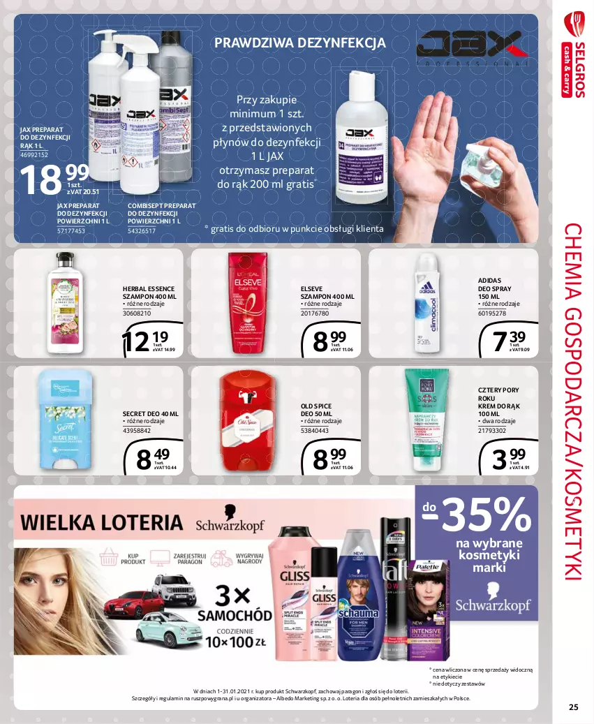 Gazetka promocyjna Selgros - Extra Oferta - ważna 01.02 do 28.02.2021 - strona 25 - produkty: Adidas, Dezynfekcja, Elseve, Gra, Krem do rąk, Old Spice, Por, Schwarzkopf, Secret Deo, Szampon