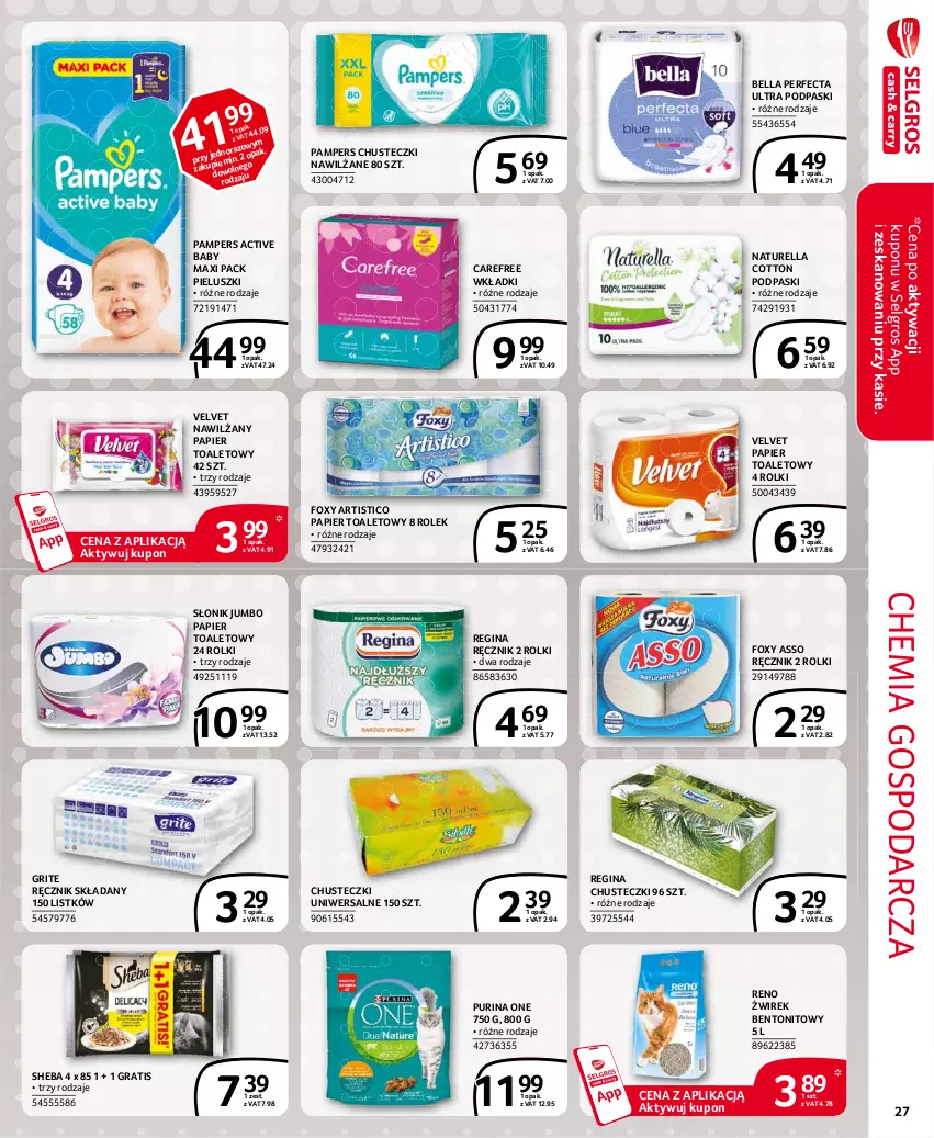 Gazetka promocyjna Selgros - Extra Oferta - ważna 01.02 do 28.02.2021 - strona 27 - produkty: Bell, Bella, Carefree, Chusteczki, Foxy, Gin, Gra, LG, Naturell, Naturella, Nawilżany papier, Pampers, Papier, Papier toaletowy, Perfecta, Podpaski, Pur, Purina, Ręcznik, Rolki, Sheba, Velvet, Wkładki