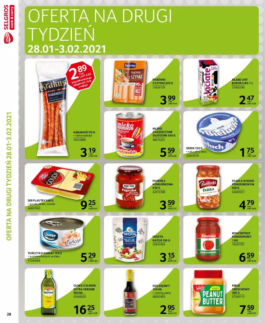 Gazetka promocyjna Selgros - Extra Oferta - ważna 01.02 do 28.02.2021 - strona 30 - produkty: Edam, Fa, Fasola, Gin, Gouda, Kabanos, Kawa, Koncentrat pomidorowy, Krem orzechowy, Mleko, Mleko zagęszczone, Olej, Oliwa z oliwek, Papryka, Parówki, Parówki z szynki, Ser, Serek, Sos, Sos sojowy, Tuńczyk, Vegeta, Vegeta Natur