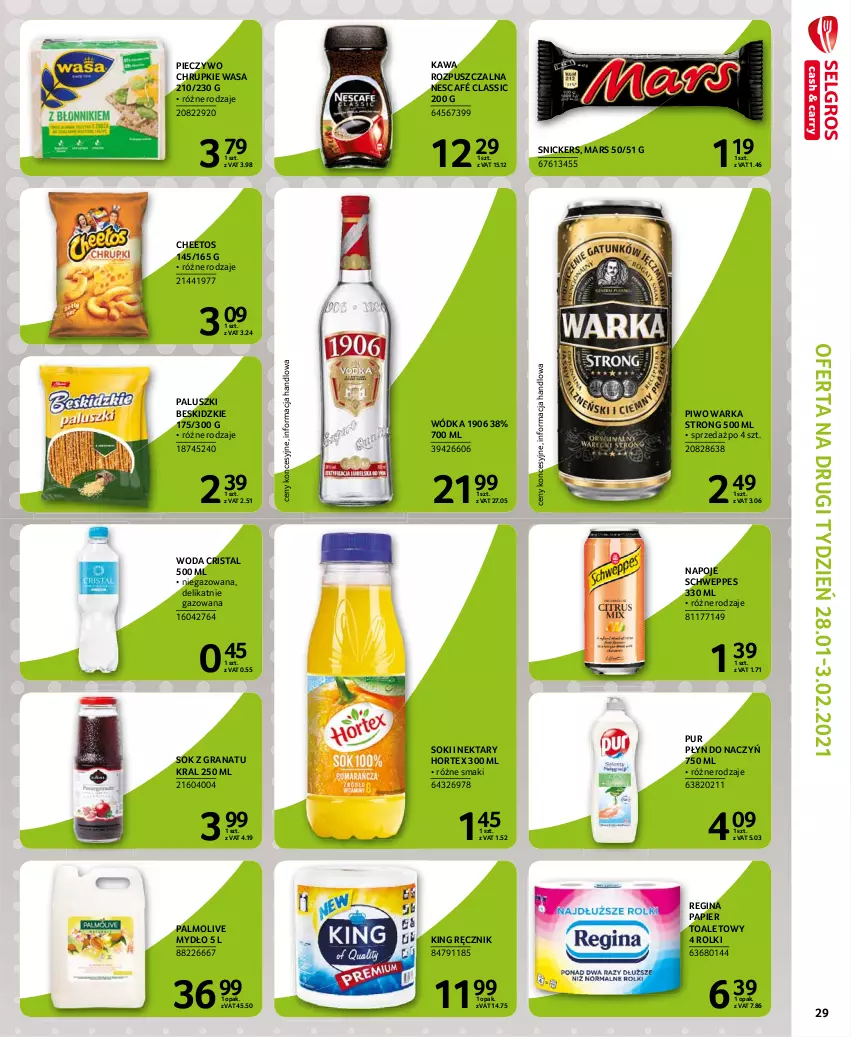 Gazetka promocyjna Selgros - Extra Oferta - ważna 01.02 do 28.02.2021 - strona 31 - produkty: Beskidzki, Cheetos, Chrupki, Gin, Gra, Granat, Hortex, Kawa, Kawa rozpuszczalna, Mars, Mydło, Napoje, Nektar, Nescafé, Palmolive, Papier, Papier toaletowy, Piec, Pieczywo, Pieczywo chrupkie, Piwo, Pur, Ręcznik, Rolki, Schweppes, Snickers, Sok, Warka, Wasa, Woda, Wódka