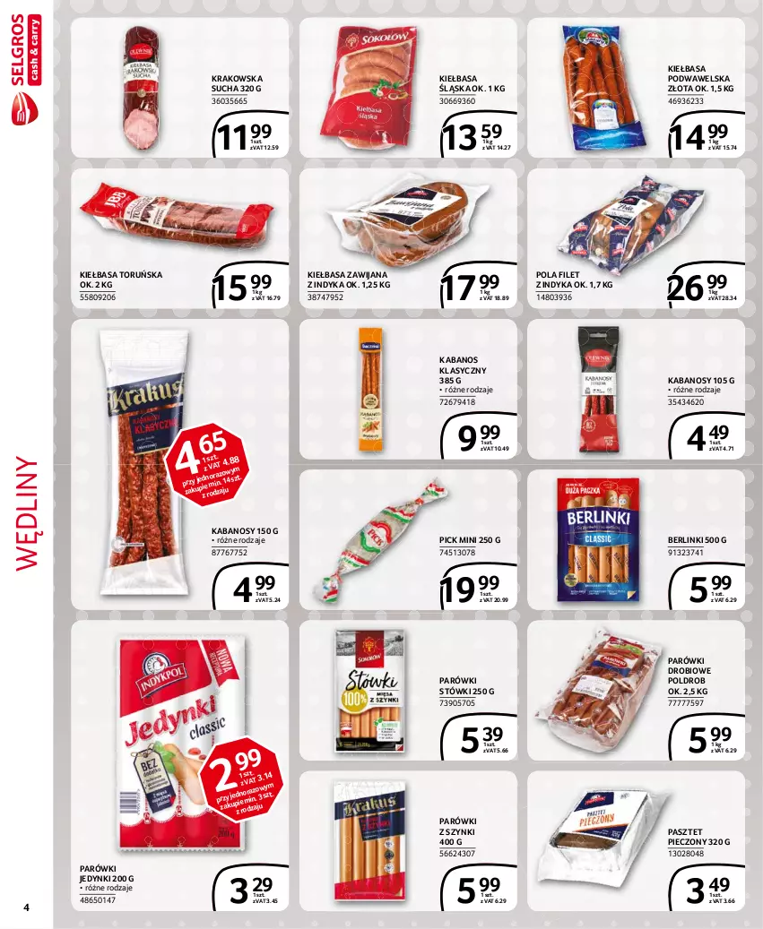 Gazetka promocyjna Selgros - Extra Oferta - ważna 01.02 do 28.02.2021 - strona 4 - produkty: Berlinki, Kabanos, Kiełbasa, Kiełbasa podwawelska, Kiełbasa śląska, Parówki, Parówki z szynki, Pasztet, Piec, Wawel