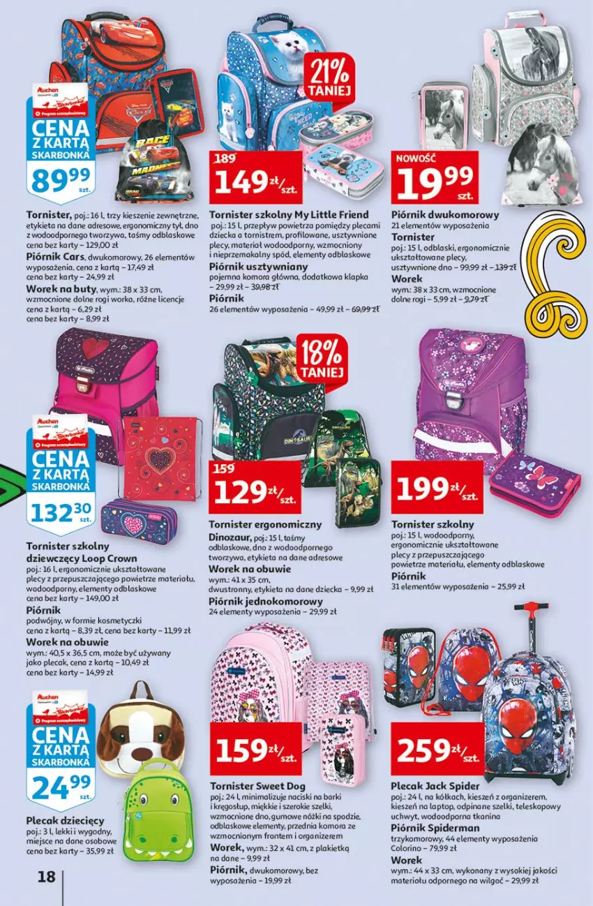 Gazetka promocyjna Auchan - Rysuje się kolorowy powrót do szkoły Hipermarkety - ważna 05.08 do 11.08.2021 - strona 18 - produkty: Buty, Cars, Dinozaur, Dres, LG, Obuwie, Organizer, Orka, Piórnik, Plecak, Por, Sok, Spiderman, Teleskop, Top