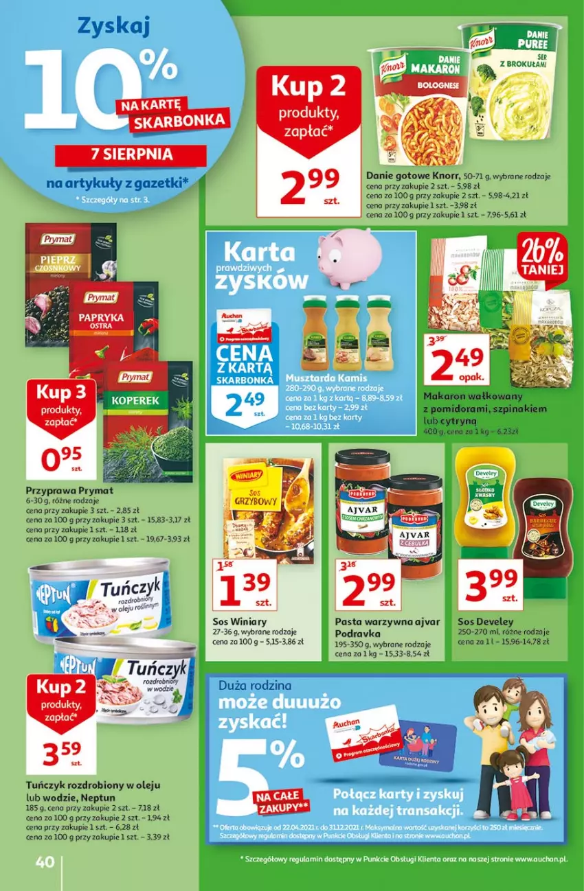 Gazetka promocyjna Auchan - Rysuje się kolorowy powrót do szkoły Hipermarkety - ważna 05.08 do 11.08.2021 - strona 40 - produkty: Danie gotowe, Knorr, Makaron, Olej, Pasta warzywna, Podravka, Prymat, Sos, Szpinak, Tuńczyk, Winiary