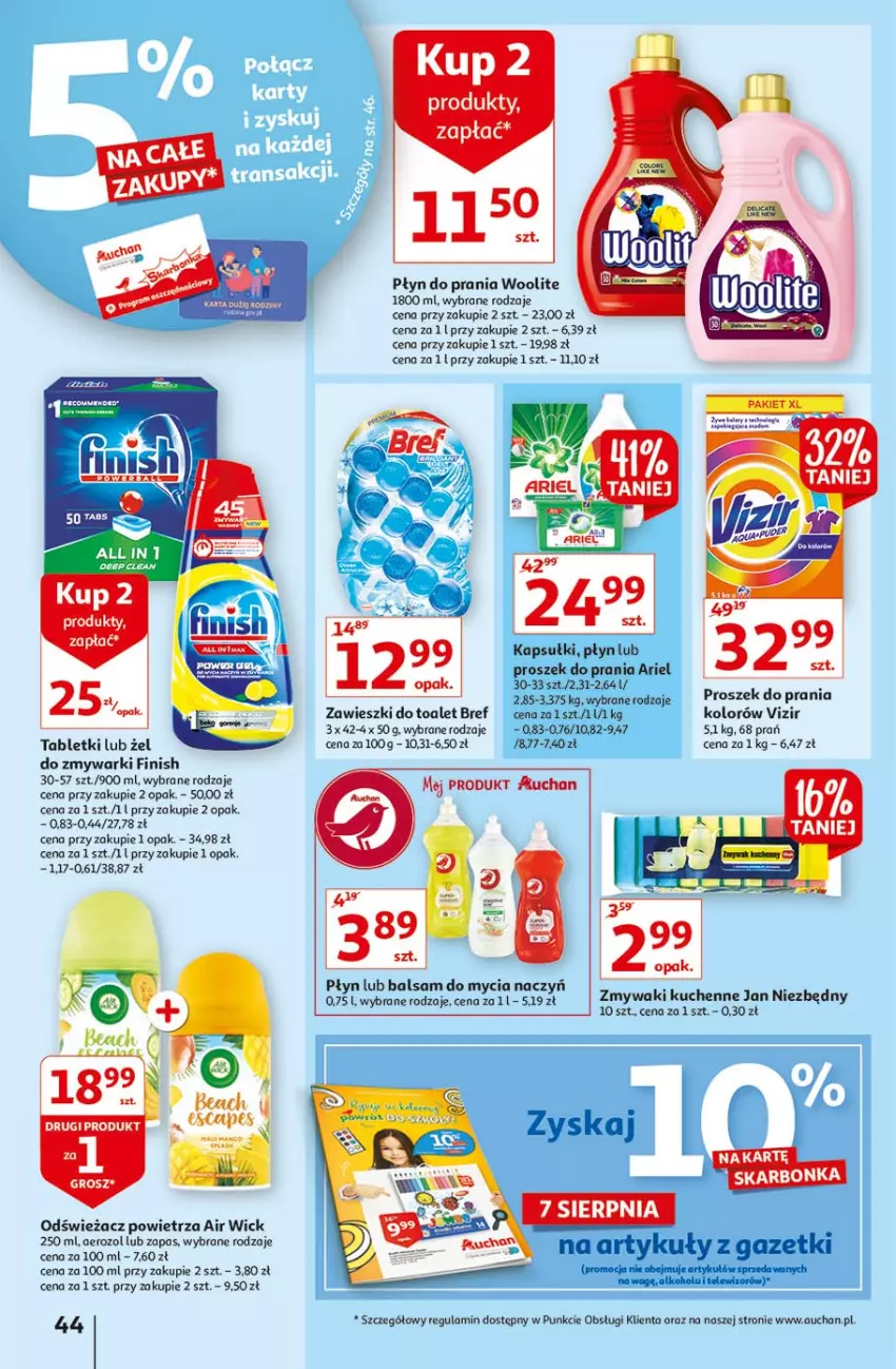 Gazetka promocyjna Auchan - Rysuje się kolorowy powrót do szkoły Hipermarkety - ważna 05.08 do 11.08.2021 - strona 44 - produkty: Air Wick, Ariel, Balsam do mycia naczyń, Bref, Do mycia naczyń, Finish, Odświeżacz powietrza, Płyn do prania, Proszek do prania, Tablet, Telewizor, Vizir, Woolite, Zawieszki, Zmywarki