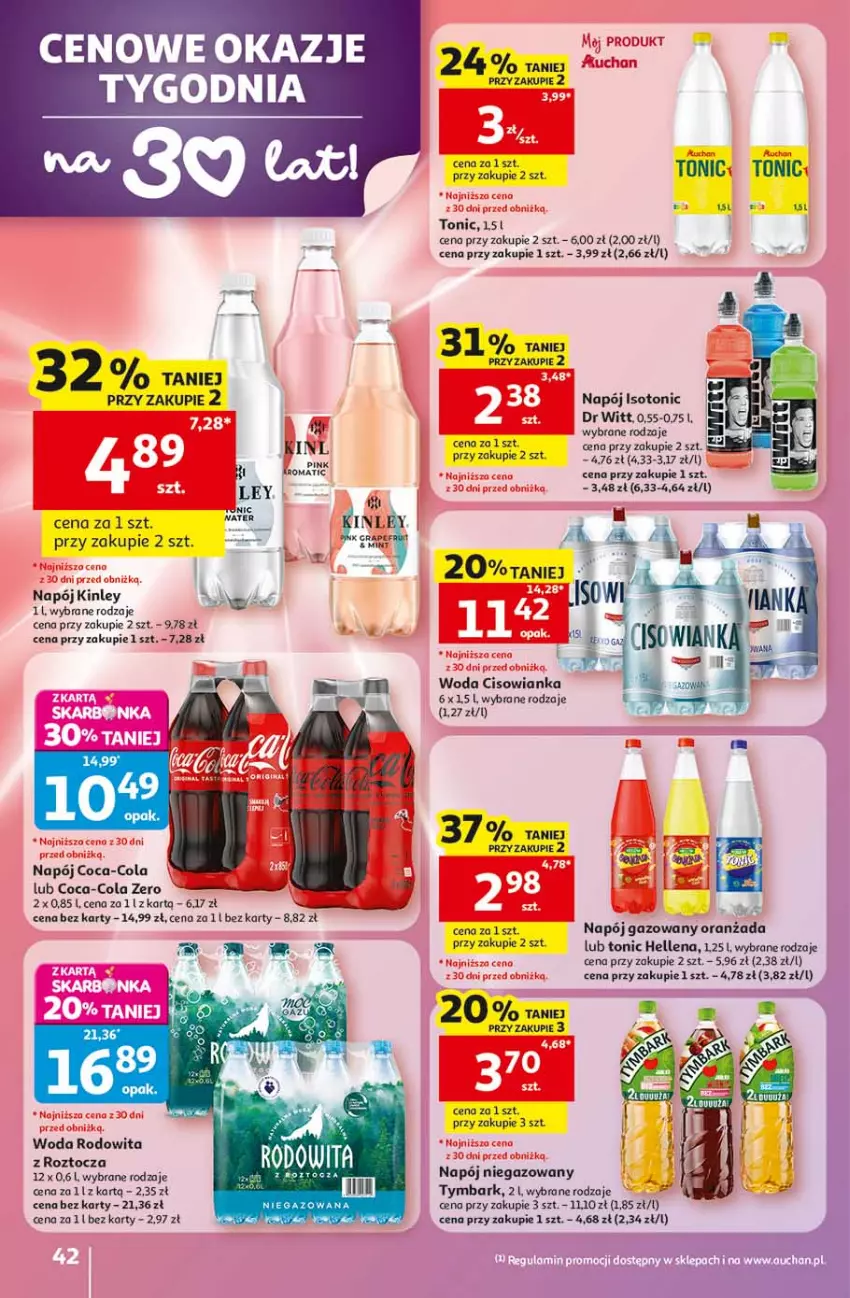 Gazetka promocyjna Auchan - Gazetka 30 Lat Hipermarket Auchan - ważna 07.05 do 13.05.2026 - strona 42 - produkty: Cisowianka, Coca-Cola, Hellena, Mus, Napój, Napój gazowany, Napój niegazowany, Oranżada, Tymbark, Woda