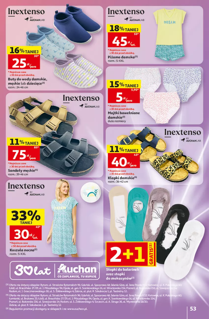 Gazetka promocyjna Auchan - Gazetka 30 Lat Hipermarket Auchan - ważna 07.05 do 13.05.2026 - strona 53 - produkty: Buty, Buty do wody, Dzieci, Klapki, Kosz, Koszula, Koszula nocna, Majtki, Piżama