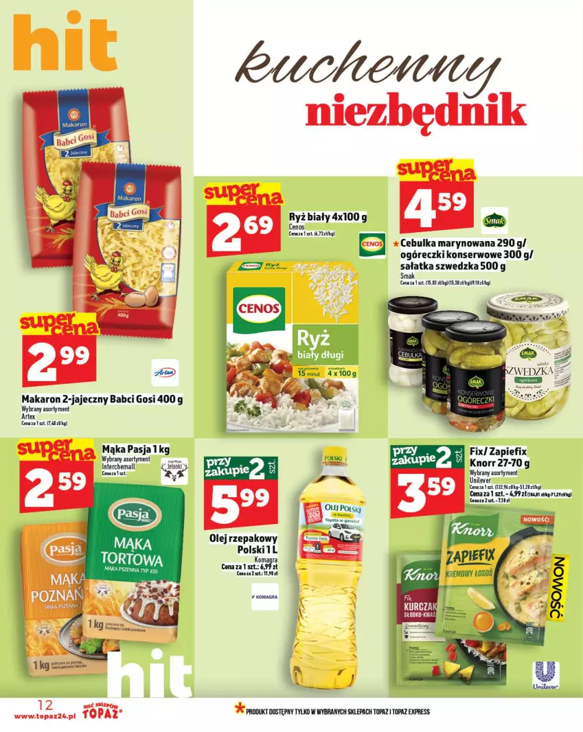 Gazetka promocyjna Topaz - Gazetka - ważna 13.11 do 19.11.2025 - strona 12 - produkty: Gra, Mąka, Makaron, Olej, Olej rzepakowy, Por, Ryż, Ryż biały, Sałat, Sałatka, Ser, Top
